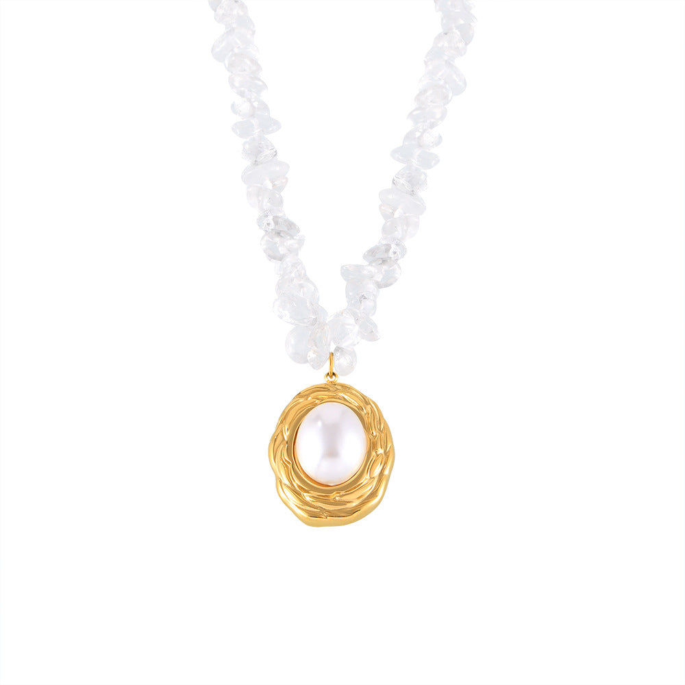 Light Luxury French Shell Bead Round Pendant Necklace, Crystal Beaded Design Titanium Steel Jewelry, Elegant All-match Clavicle Chain