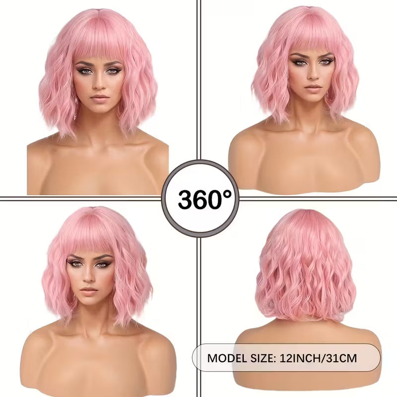 A329  Natural Looking Bob Wig with Air Bangs Short Wavy Hair for Daily Use