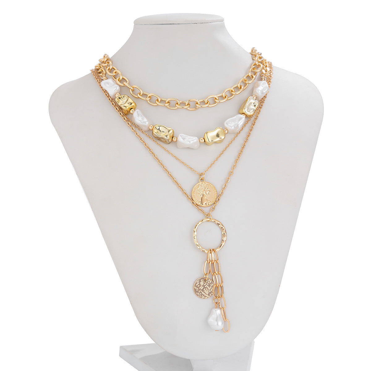 A175  Baroque Faux Pearl Layered Necklace, Vintage Punk Portrait Pendant, Fashion Jewelry for Women