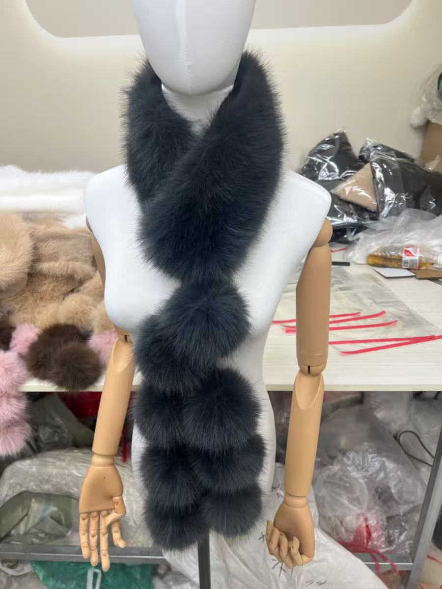 A178  Winter Double-sided Plush Neck Warmer, Faux Fox Fur Magnetic Scarf, Fashion Pom Pom Faux Fur Shawl