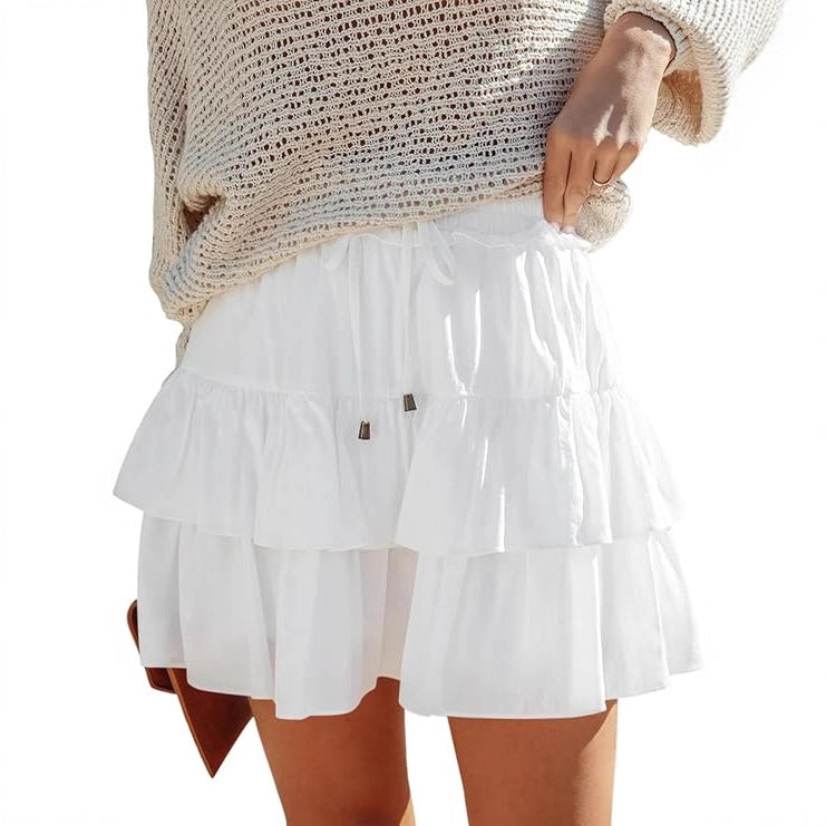 A370  Ladies Flowy Tiered Ruffle Mini Skirt High Waist Tie Waist Bohemian Skirt For Outdoor Vacation
