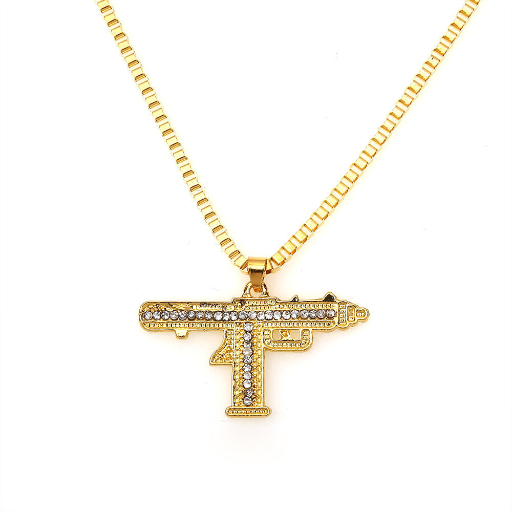 A142  Punk Trendy Iced Out Submachine Gun Necklace, Hip Hop Personality Machine Gun Pendant Jewelry