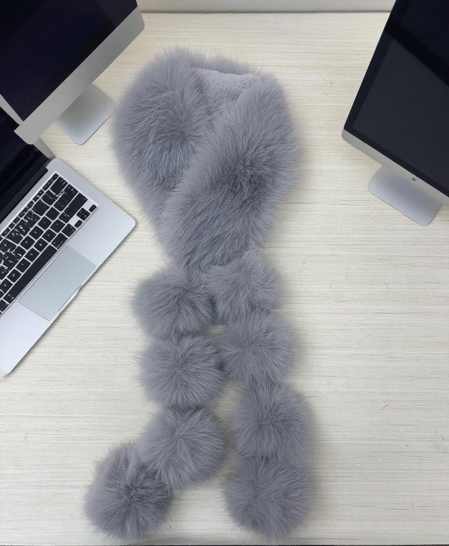 A178  Winter Double-sided Plush Neck Warmer, Faux Fox Fur Magnetic Scarf, Fashion Pom Pom Faux Fur Shawl
