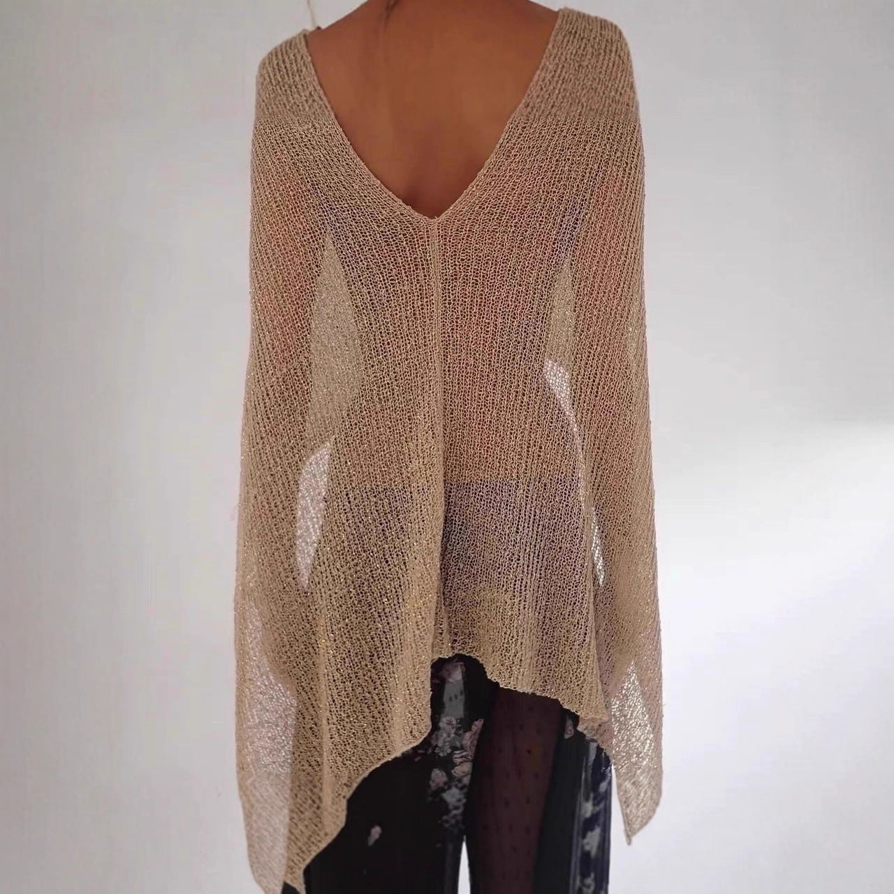 Women Hollow Out Sheer Knit Poncho Top, Multi Ways Wear Cropped Cover Up, Boho Beach Wrap Shawl, Vacation See Through Knit Blouse for Swimwear Cover Up