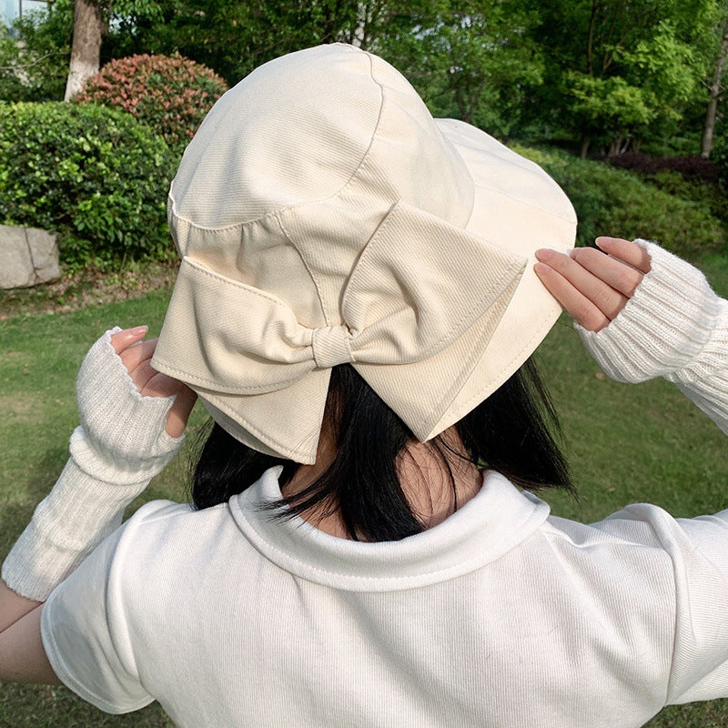 Women Bow Bucket Sun Hat, Japanese Style Large Brim UV Protection Casual Summer Fisherman Hat