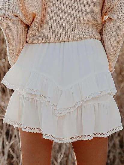 A360  Women Flowy Casual Boho Shorts High Waist Mini Skirt Ruffled Layered Hem Crochet Skort For Golf Tennis Sports