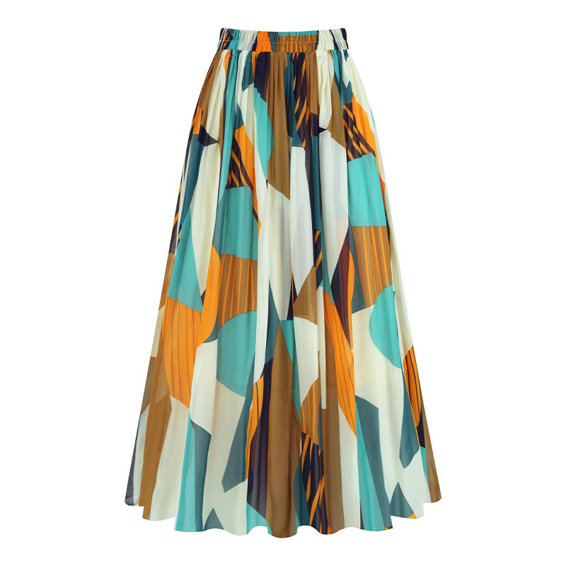 A369   Fashion Printed Chiffon Midi Skirt Women Elastic Waist Pleated Swing Skirt Elegant Lady Casual Wear