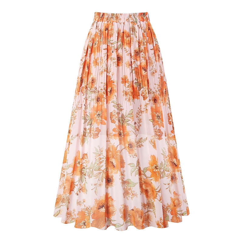 A369   Fashion Printed Chiffon Midi Skirt Women Elastic Waist Pleated Swing Skirt Elegant Lady Casual Wear