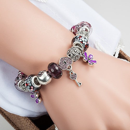 Glass Bead Heart-Shaped Large-Hole Drip-Pattern Flower Bracelet