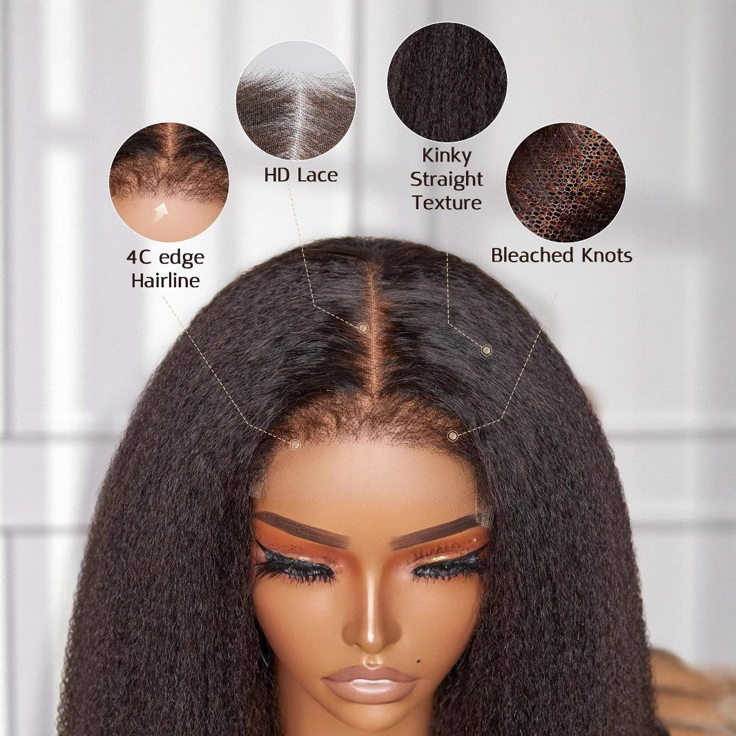 13x4 HD Glueless Lace Front Wig Yaki Straight Human Hair 180 Density For Black Women