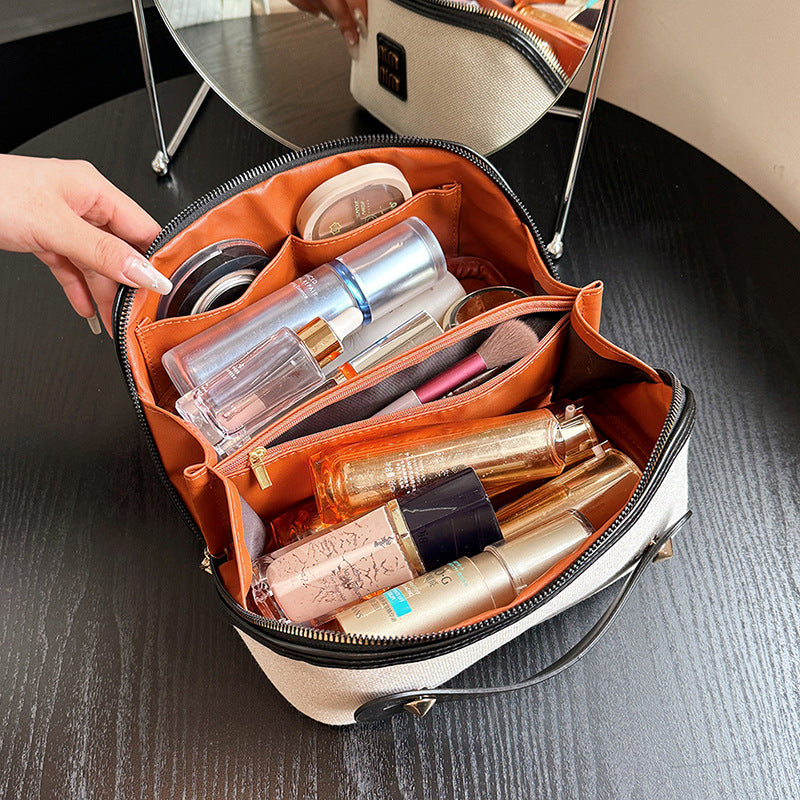 New Vintage-Style Flat-Fold Makeup Bag Large-Capacity Handheld Portable Cosmetics Organizer