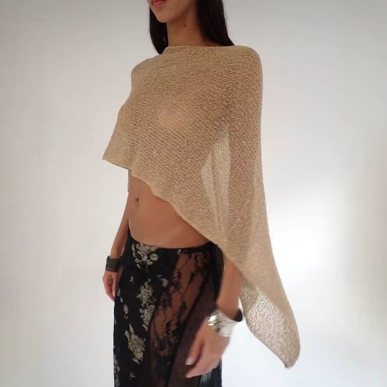 Women Hollow Out Sheer Knit Poncho Top, Multi Ways Wear Cropped Cover Up, Boho Beach Wrap Shawl, Vacation See Through Knit Blouse for Swimwear Cover Up