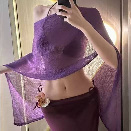 Women Hollow Out Sheer Knit Poncho Top, Multi Ways Wear Cropped Cover Up, Boho Beach Wrap Shawl, Vacation See Through Knit Blouse for Swimwear Cover Up