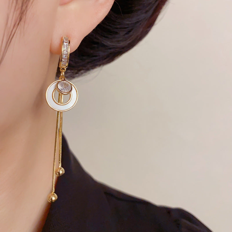Fashion Statement Shell Circle Drop Earrings, Light Luxury Long Tassel Slimming Elegant Earrings