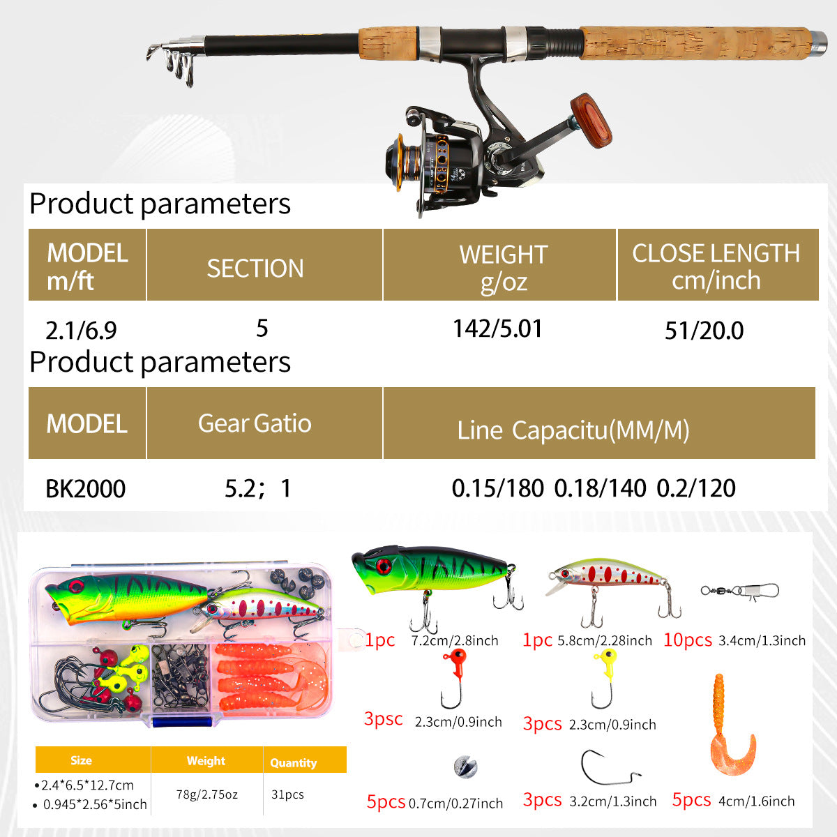 A240  Hot Sale Cork Handle Fiberglass Fishing Rod Combo, Long Throw Saltwater Lure Complete Kit