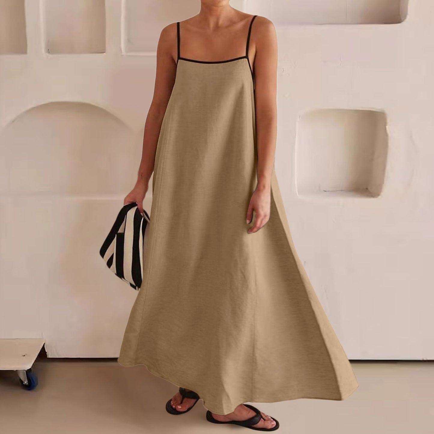 Women's 2026 Summer Linen Maxi Dress - Thin Strap Open Back Casual Slip Dress for Beach Party