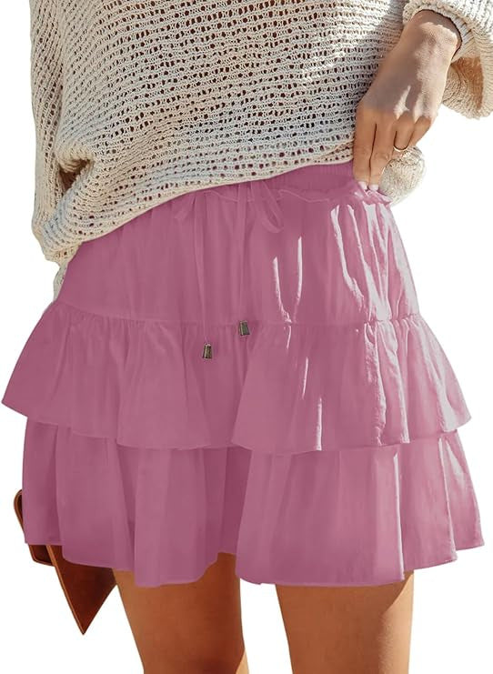A370  Ladies Flowy Tiered Ruffle Mini Skirt High Waist Tie Waist Bohemian Skirt For Outdoor Vacation