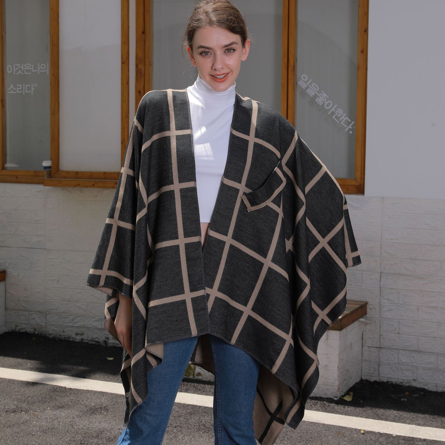 Classic Plaid Wrap-Around Scarf for Fall and Winter Tie-Front Cardigan Outerwear Office Blanket for Warmth
