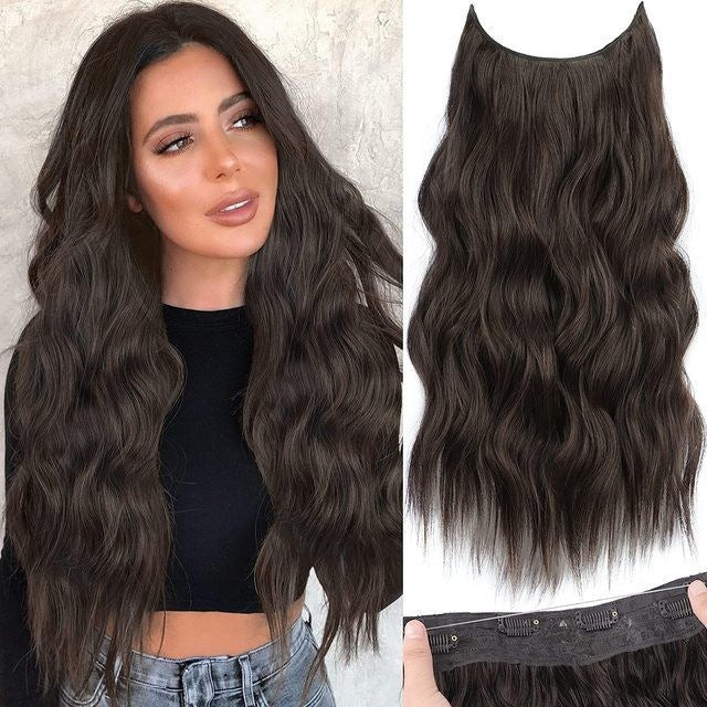 A237  Ombre Body Wave Long Curly Fish Line Hair Extensions, One-Piece Natural Invisible Adjustable Hairpiece