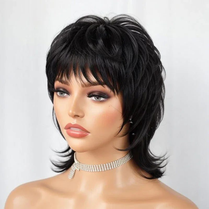 A280  ayered Shag Black Wig, Short Wolf Tail Mullet Style, African Style Daily Synthetic Wig for Women