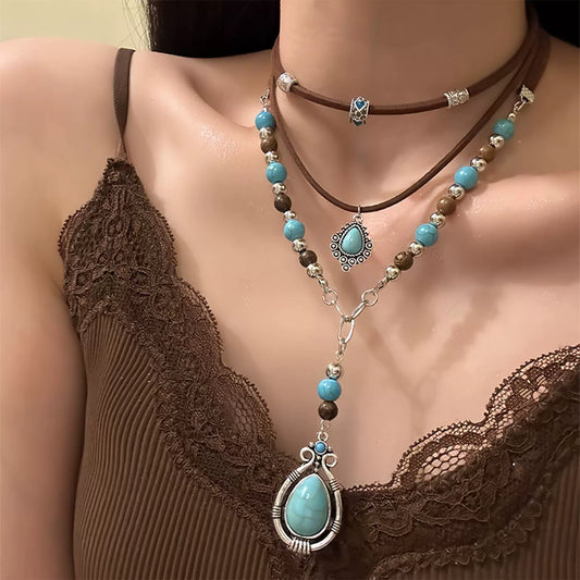 A287  Eye-Catching Turquoise Boho Ethnic Necklace, Designer Multi-Layer Stacked Clavicle Chain