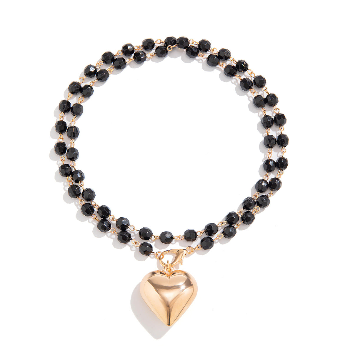 A189  Fashion Sweet Cool Black Beaded Choker, Crystal Heart Long Layered Necklace for Women