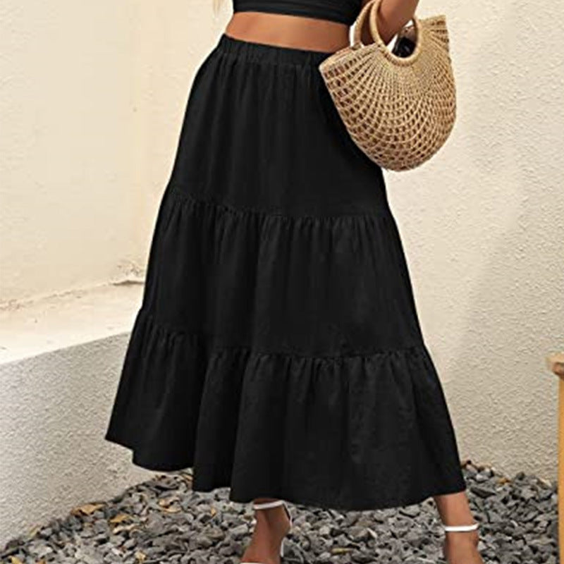 A367  Women's Summer Bohemian Pleated A-Line Flowy Layered Skirt with Pockets