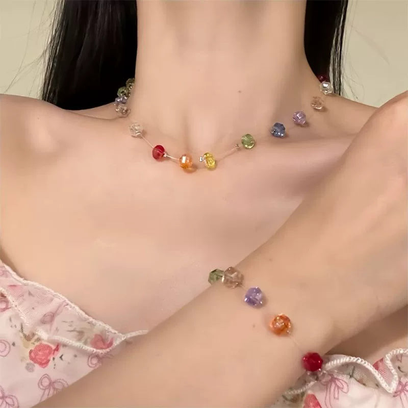 A289  【Sweet Summer Fantasy】Dopamine-Hued Crystal Bead Necklace: Designer Collar Chain Accessory