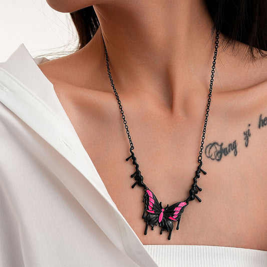 A235  Sexy Electroplated Black Pink Oil-Drop Butterfly Necklace, Fashion Personalized Clavicle Chain for Women