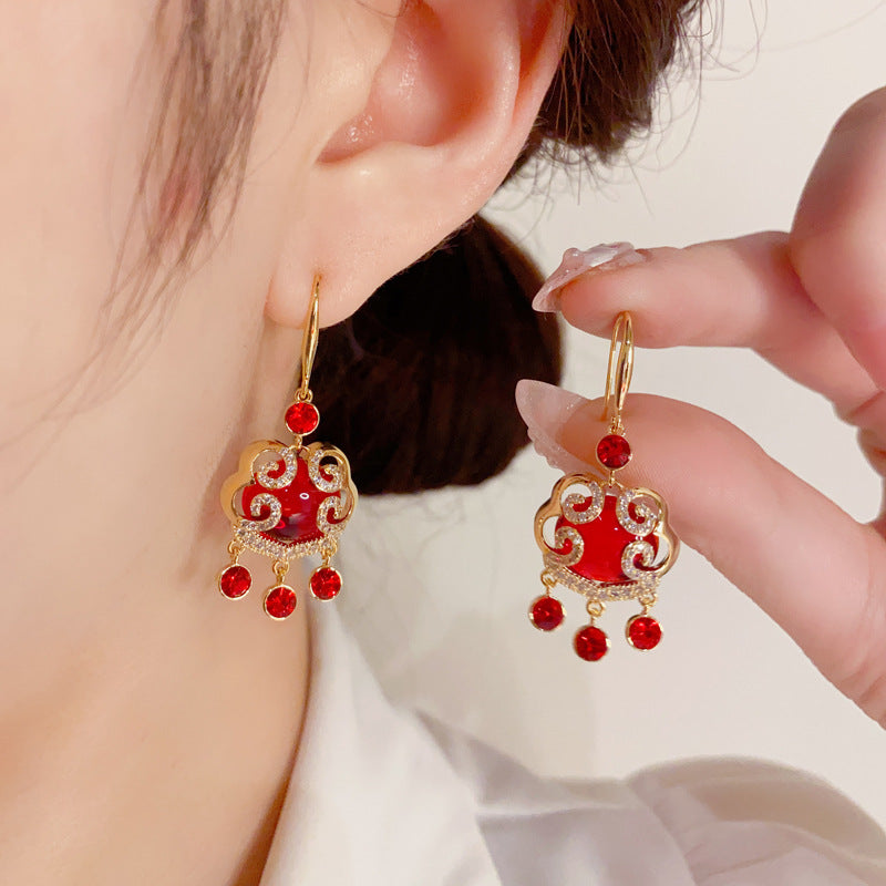 Red Safety Lock Tassel Earrings, Elegant Senior Sense Versatile Earrings for Women