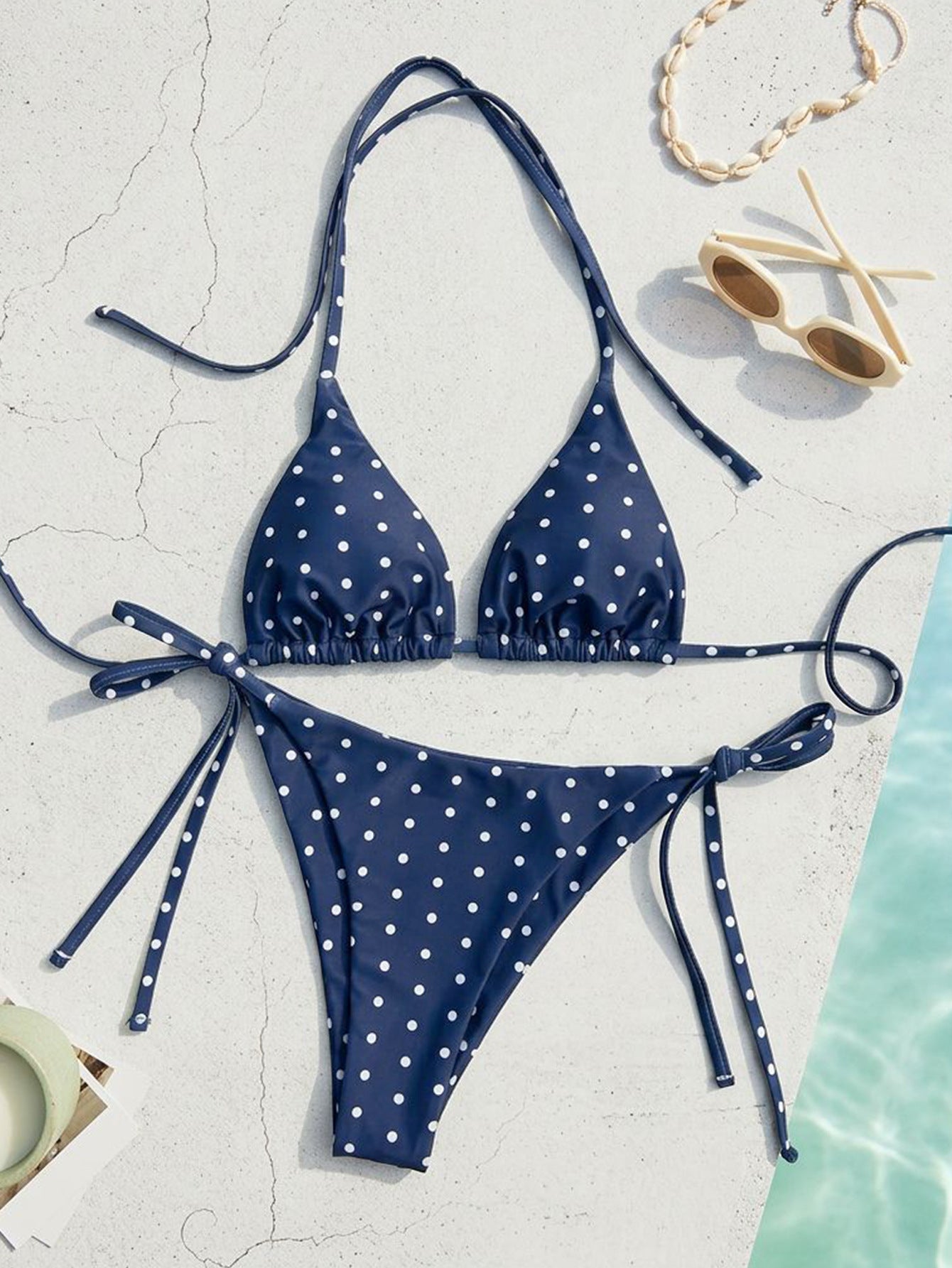 Beaded Halter Triangle Bikini Set, Textured Fabric Tie Side Two Piece Swimwear for Women