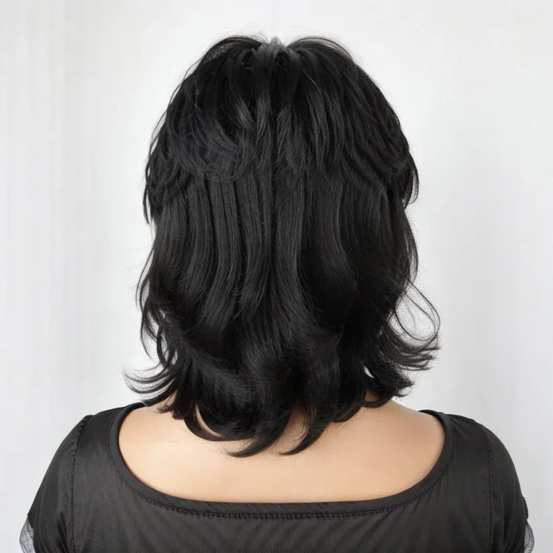A280  ayered Shag Black Wig, Short Wolf Tail Mullet Style, African Style Daily Synthetic Wig for Women