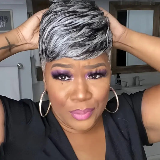 A274  Fashion Gray Wig with Side Bangs, Short Curly Style, Breathable Comfort Synthetic Wig