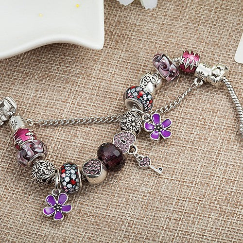 Glass Bead Heart-Shaped Large-Hole Drip-Pattern Flower Bracelet