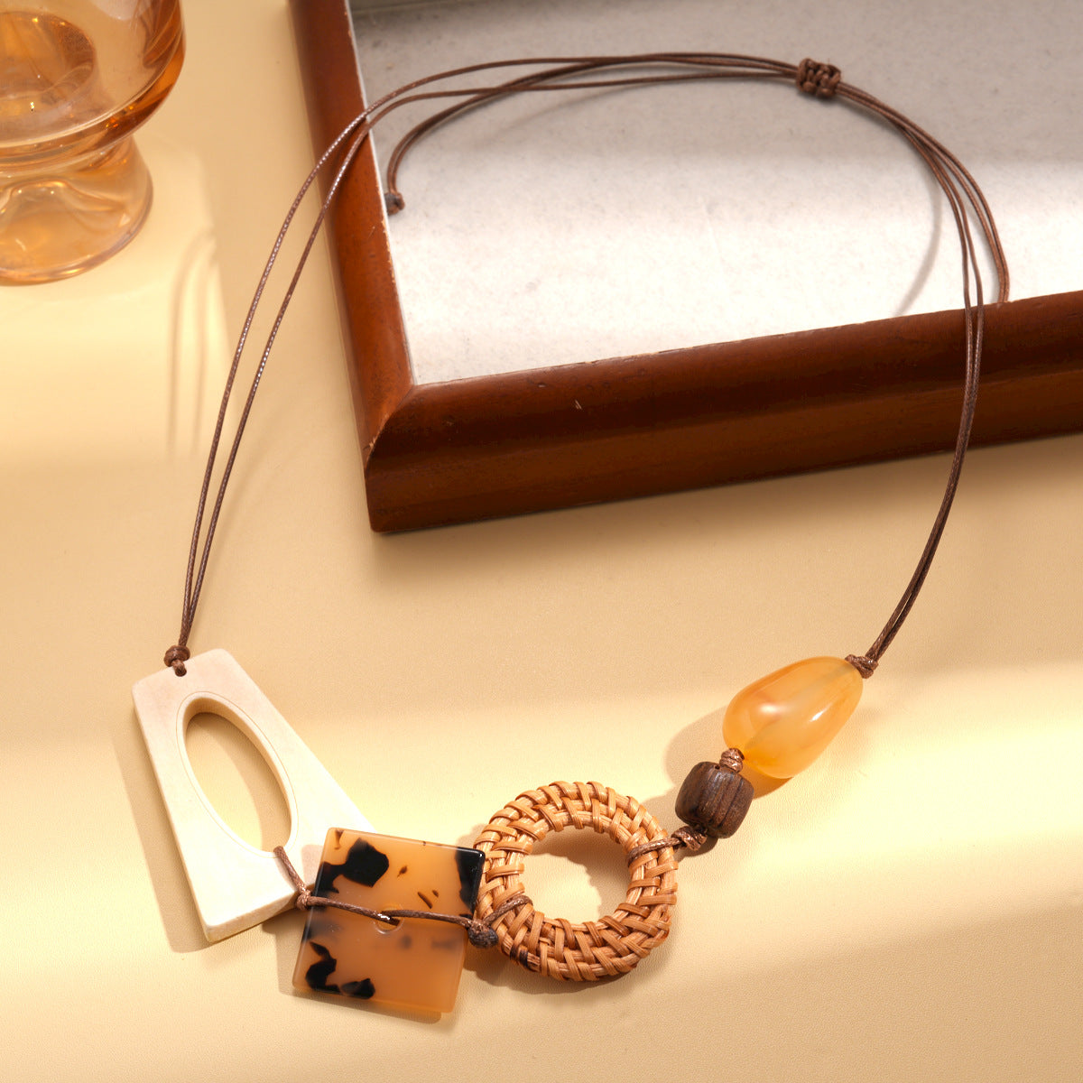 A192  Vintage Ethnic Wooden Resin Rattan Woven Pendant Sweater Necklace, Square Round Elegant Necklace for Women