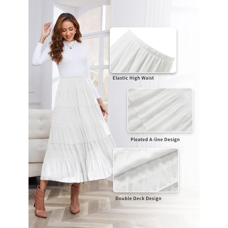Women Floral Print Chiffon Maxi Skirt, Elastic High Waist Pleated A-Line Flared Long Skirt