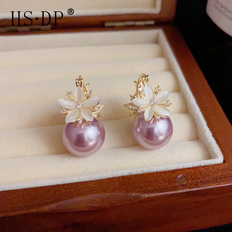 A246  Elegant Versatile Purple Pearl Double-Sided Flower Ear Clips, Minimalist Luxury 2-Way Fashion Earrings for Women