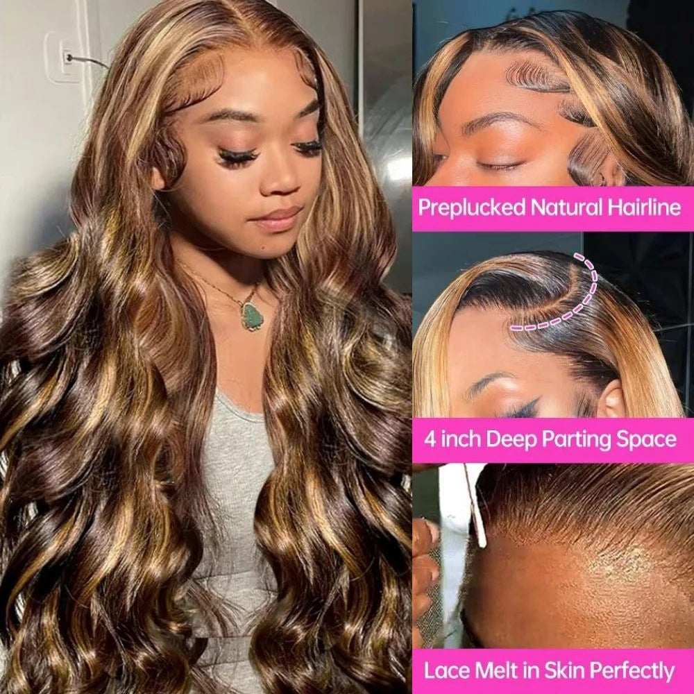 A223  Piano Color Highlight Body Wave Long Curly Wig, 13×4 Lace Front Fashion Wig for Women
