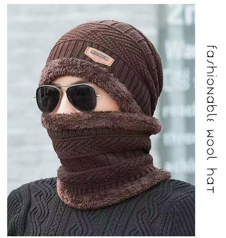 A290  Winter Hat Set with Ear Flaps and Fleece Lining Thickened Knit Hat and Scarf Two-Piece Set Autumn/Winter Wool Hat