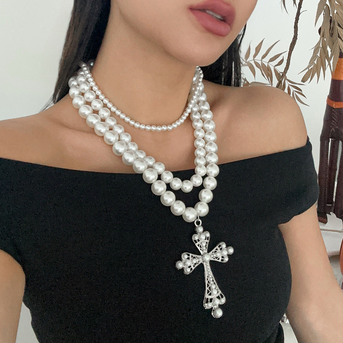 A177  Punk Pearl Cross Necklace Set, Beaded Layered Clavicle Chain Jewelry for Women