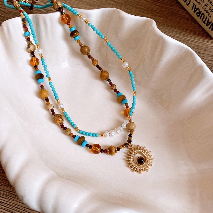 A302  Boho Shell Bead Turquoise Beaded Necklace, Light Luxury Minimalist Luxury Clavicle Necklace for Women
