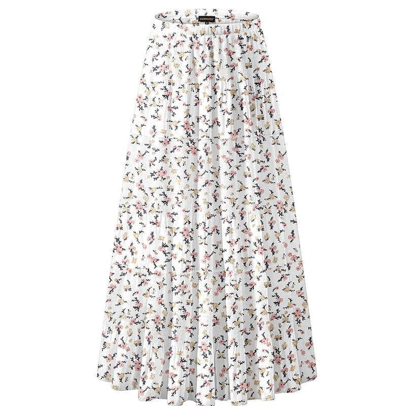 Women Floral Print Chiffon Maxi Skirt, Elastic High Waist Pleated A-Line Flared Long Skirt