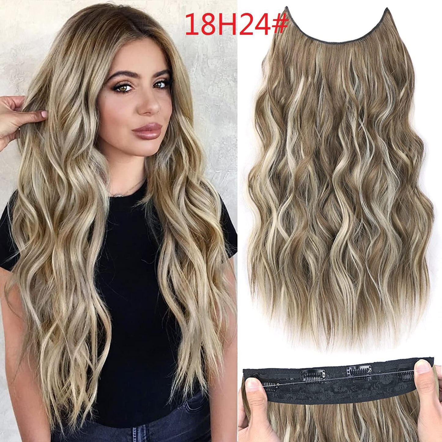A237  Ombre Body Wave Long Curly Fish Line Hair Extensions, One-Piece Natural Invisible Adjustable Hairpiece