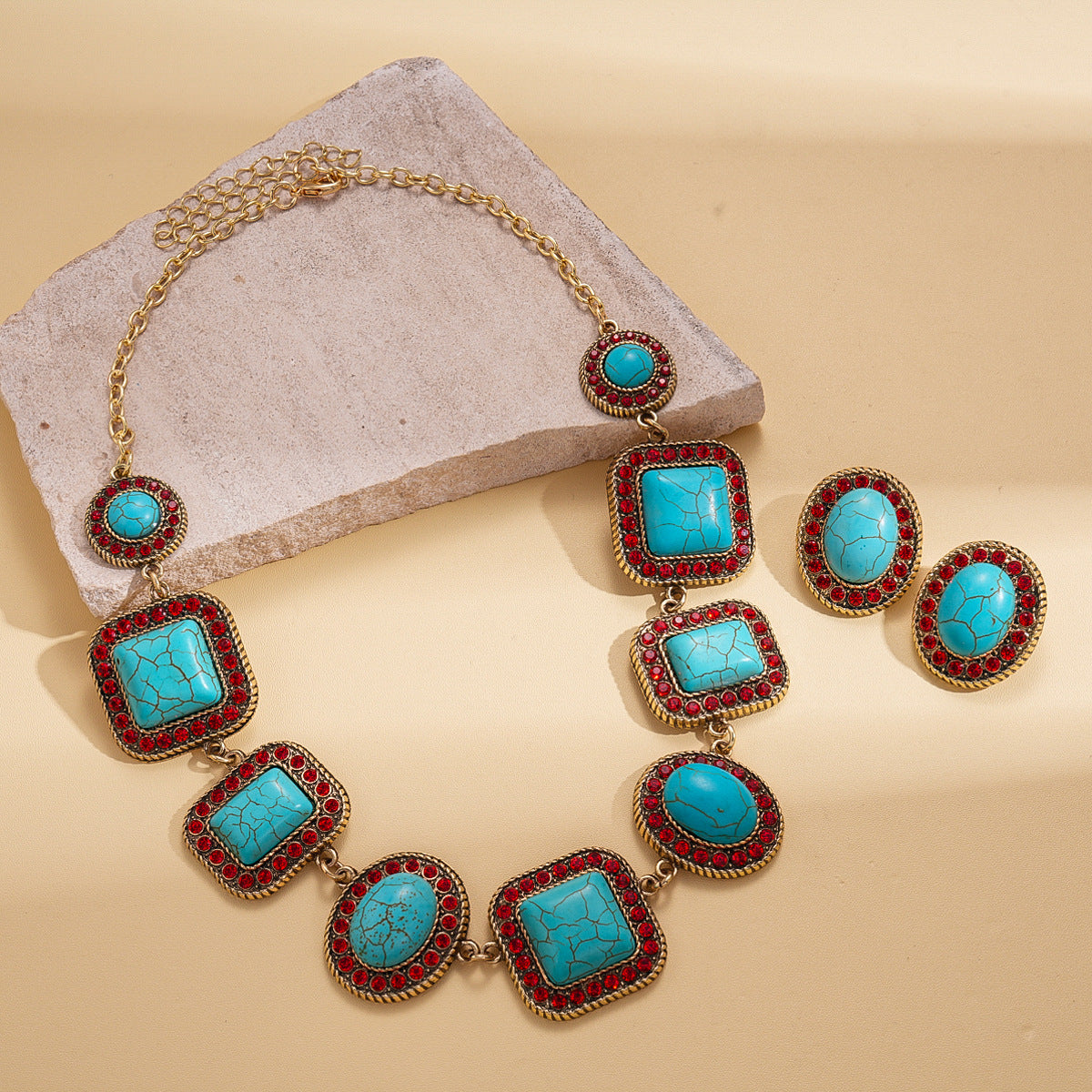 A193  Luxury High-Grade Ethnic Stone Rhinestone Necklace, Geometric Splicing Boho Vintage Sweater Chain