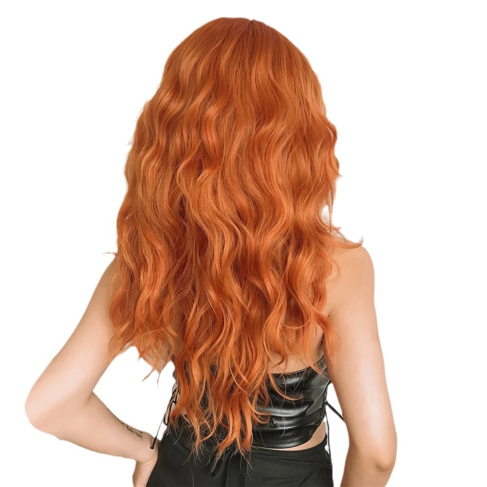A219   New Orange Long Curly Cosplay Wig with Bangs, Rose Net Realistic Wig