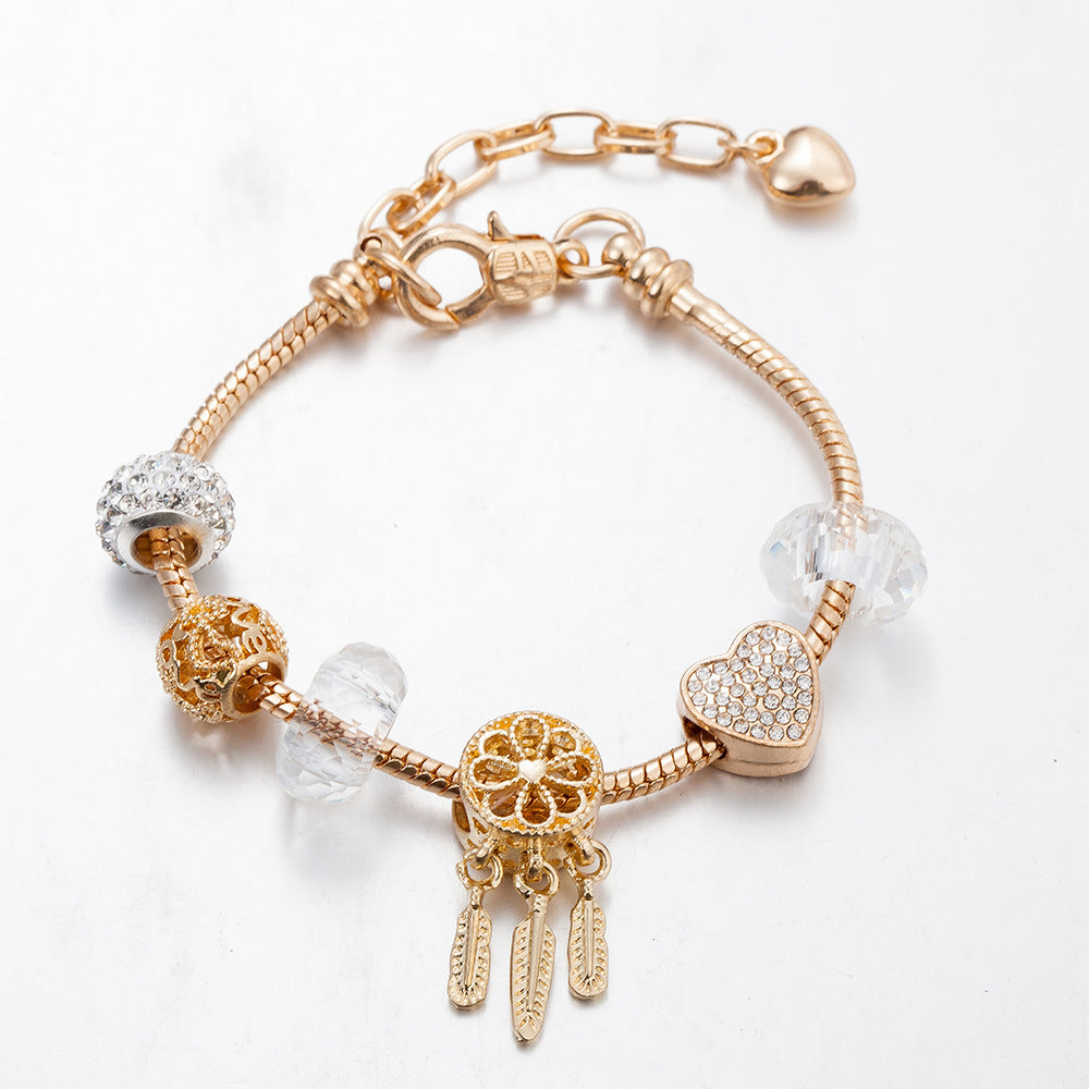 Dreamcatcher Heart-Shaped Diamond-Studded Clear Crystal Bead Bracelet