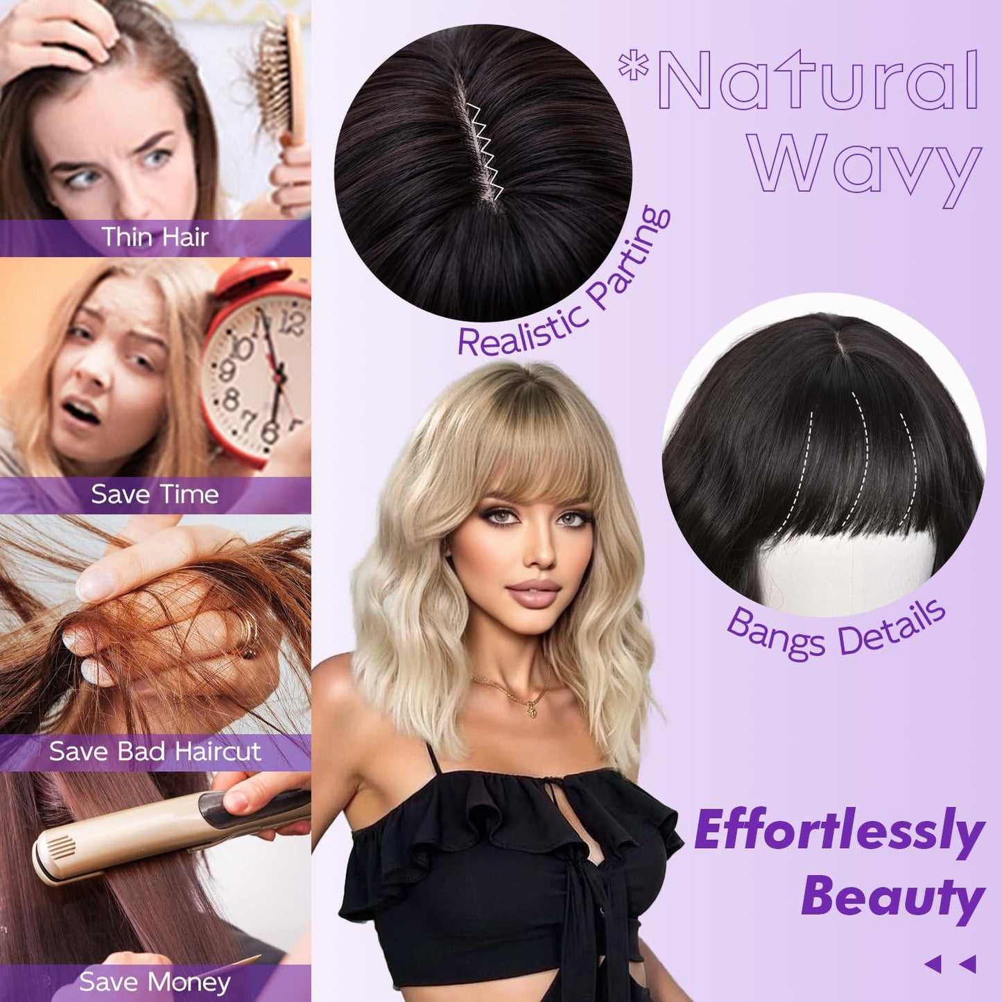 Natural Short Wavy Bob Synthetic Wig Heat Resistant Fiber Ladies Wig for Daily Parties