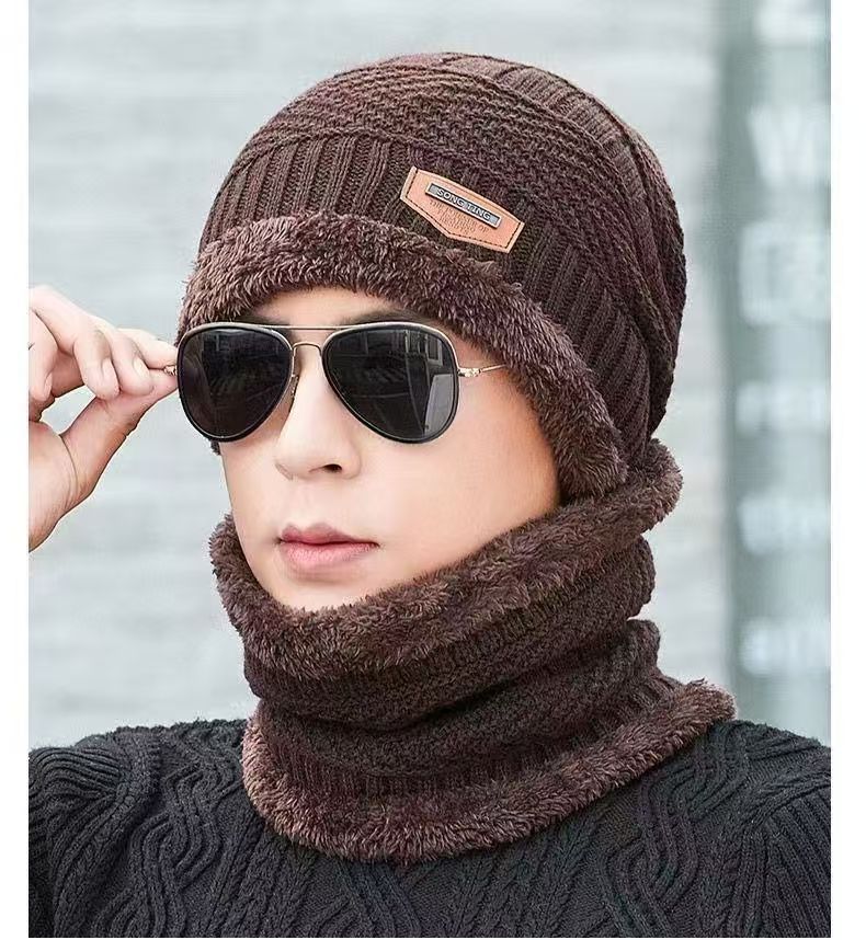 A290  Winter Hat Set with Ear Flaps and Fleece Lining Thickened Knit Hat and Scarf Two-Piece Set Autumn/Winter Wool Hat