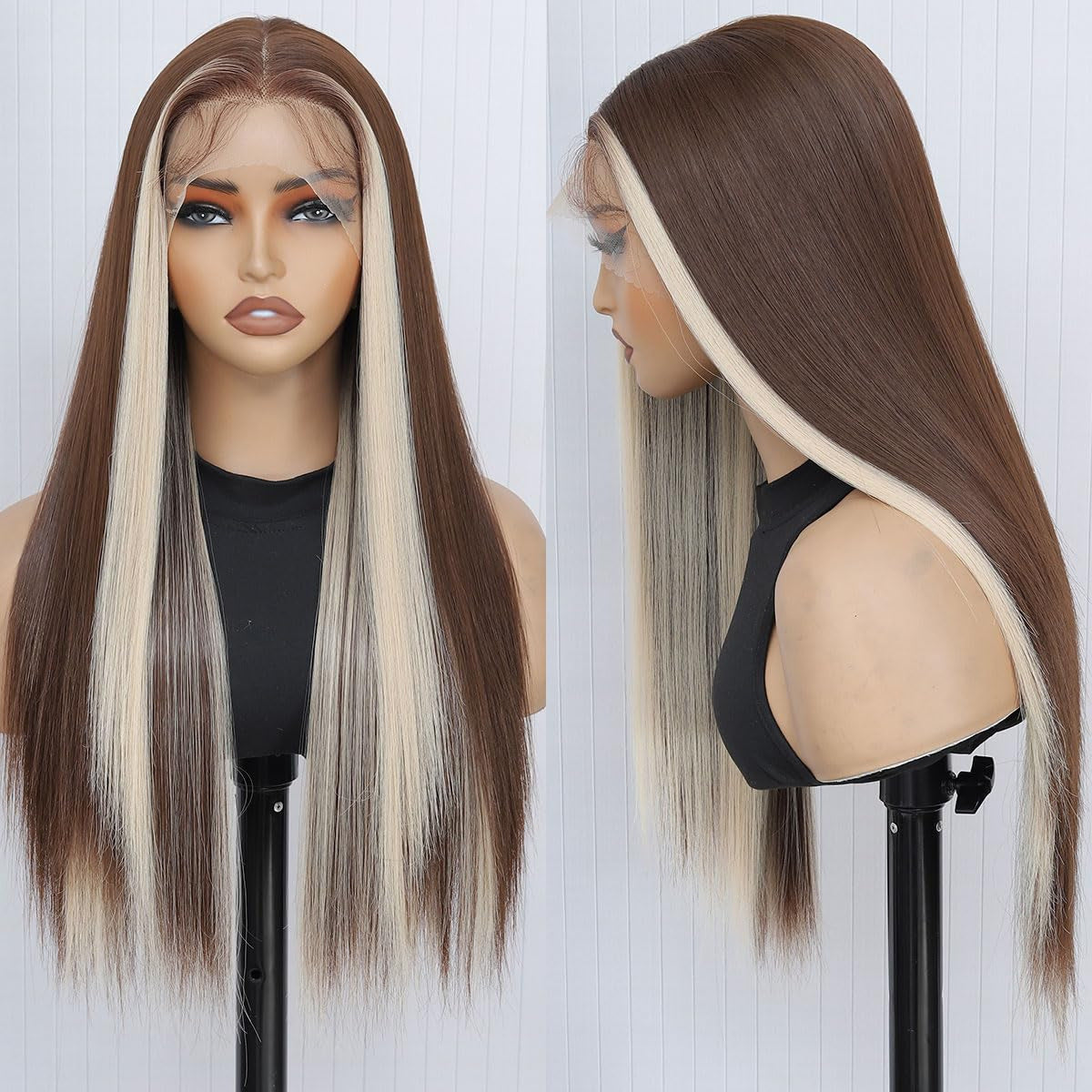 A225  Brown Blonde Highlight Middle Part Long Straight Wig, Lace Front Breathable Fashion Wig for Women