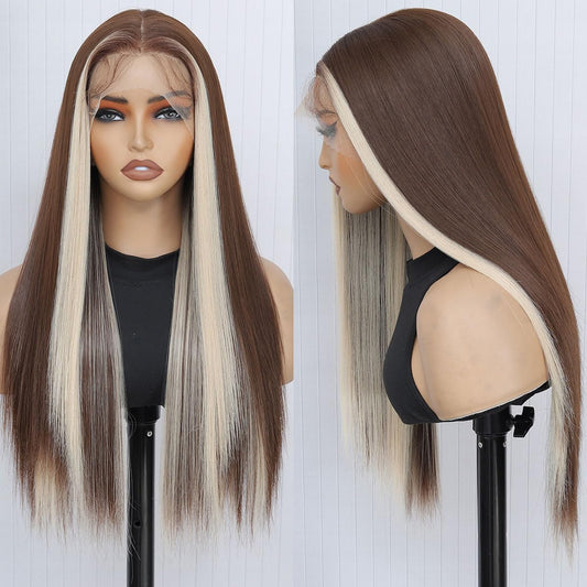 A225  Brown Blonde Highlight Middle Part Long Straight Wig, Lace Front Breathable Fashion Wig for Women